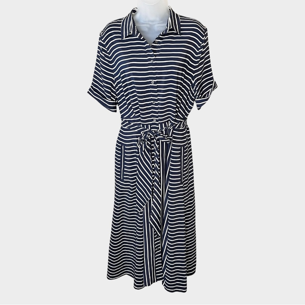 J.CREW Navy & White Striped Short Sleeve Shirt Dress Tie Waist Midi Size 16 Silk - Picture 2 of 7